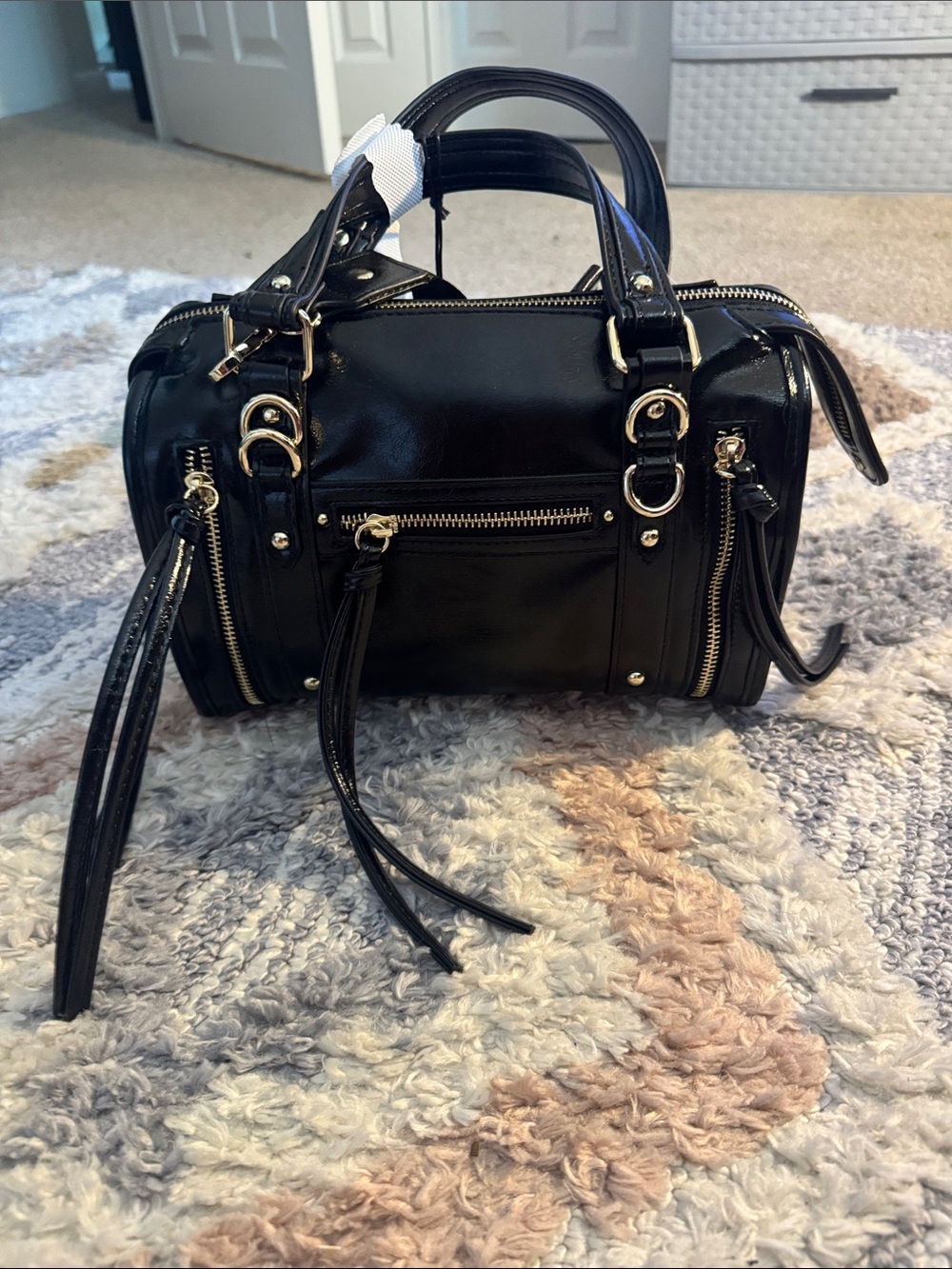 Madden NYC Black FAUX Leather Crossbody Satchel with Tassel Zippers